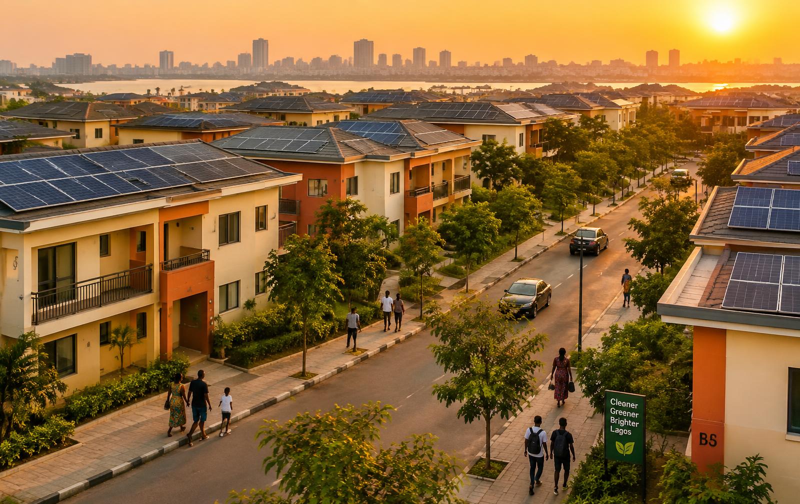 Solar-powered housing estate at sunset