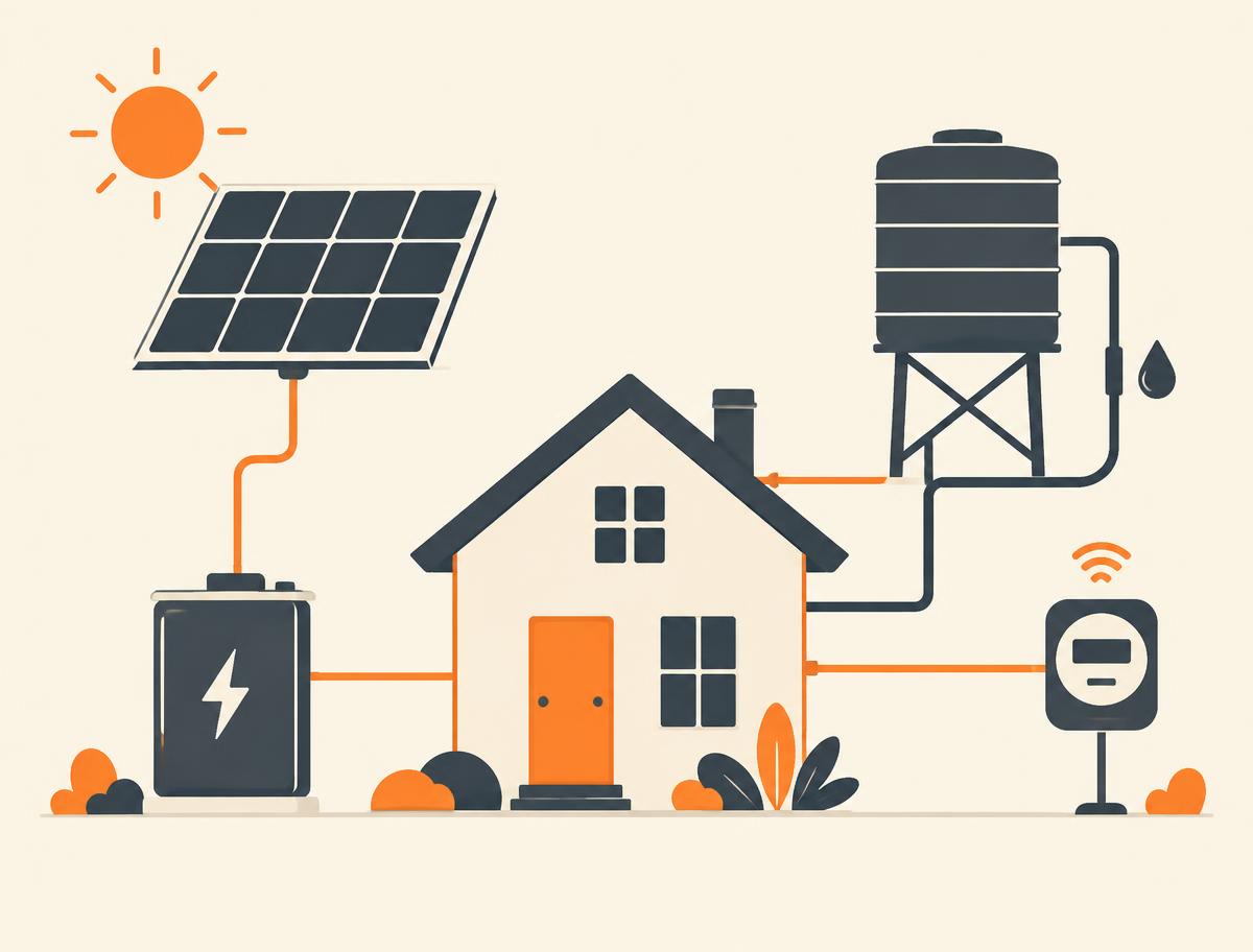 Solar, battery, water tank and meter serving a home